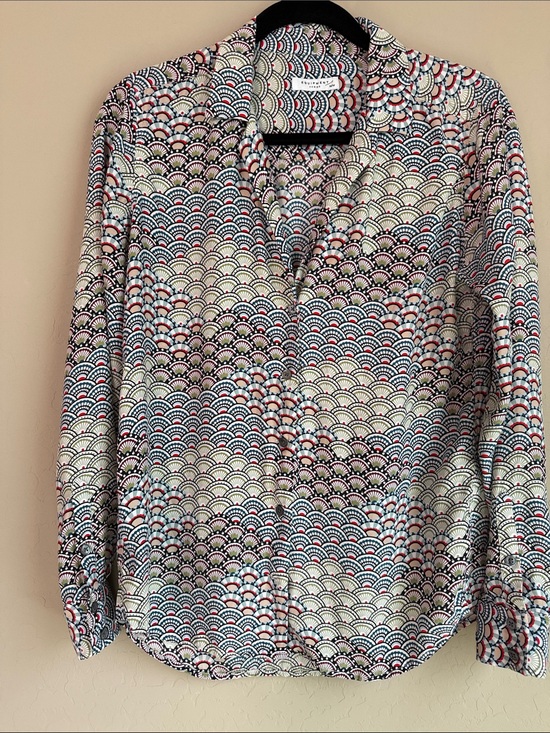 Equipment Femme Tops - Equipment Femme Adalyn 100% Silk Art Deco Fan Print Blouse Asian Blue - Sz M